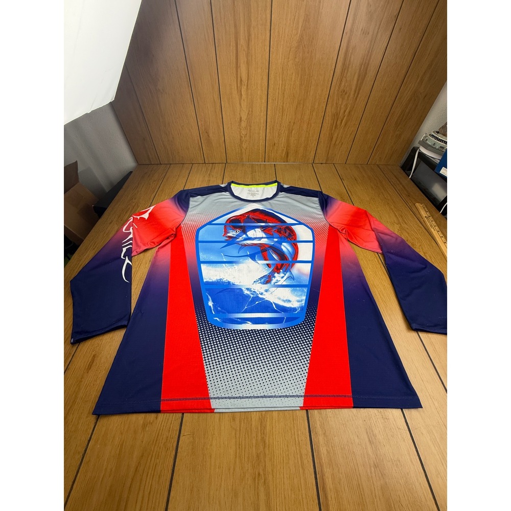 Loco Skailz Mens XL Performance Fishing Shirt Long Sleeve Red Fish Graphic Blue